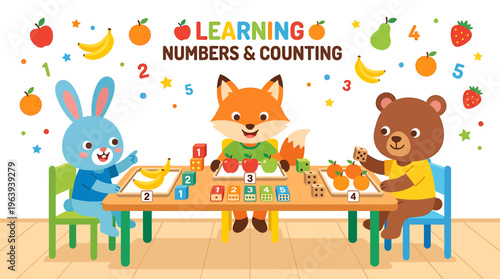 Cute Animals Learning Numbers and Counting with Fruits and Blocks
