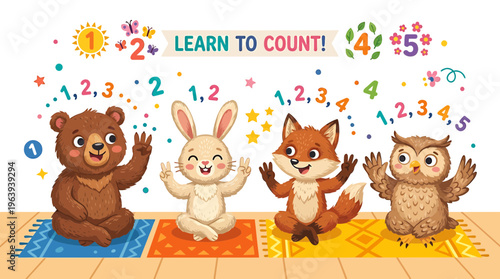 Cute Animals Learning to Count 1-5 with Numbers and Butterflies