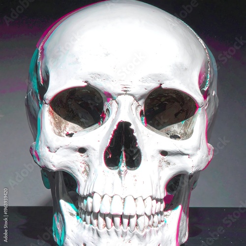 A white skull with an anaglyph 3D effect