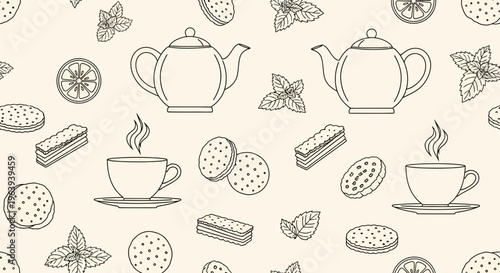 Seamless Pattern with Tea Pots Cups and Cookies Line Art