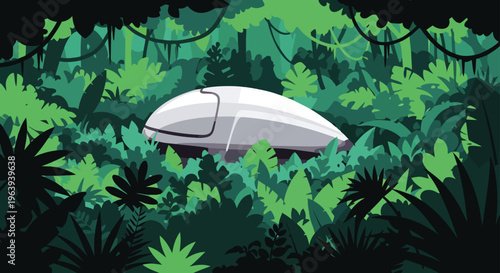 futuristic spaceship crash hidden in a dense tropical jungle for exploration and discovery depicting adventure and abandoned technology.