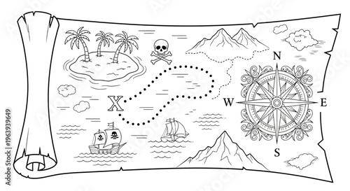 Black and White Pirate Treasure Map Illustration