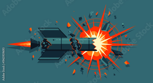 missile explosion shows a rocket breaking apart mid-flight with shattering pieces illustrating a failed launch military weapon incident and destruction.