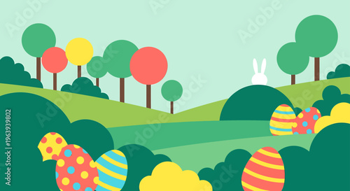 easter egg hunt flat design spring landscape with a white bunny and colorful eggs in green hills ideal for happy easter visuals.
