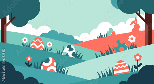 easter egg hunt in a spring landscape with modern flat design featuring hidden decorated eggs and an easter bunny