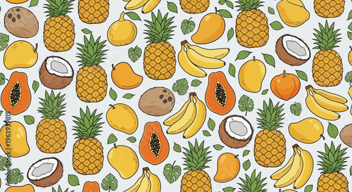Tropical Fruit Pattern with Pineapple Mango Banana Papaya and Coconut