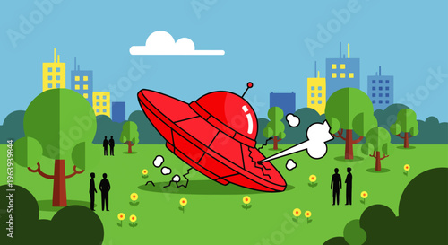 ufo crash landing in a lively city park as curious people gather to observe the alien spaceship accident.