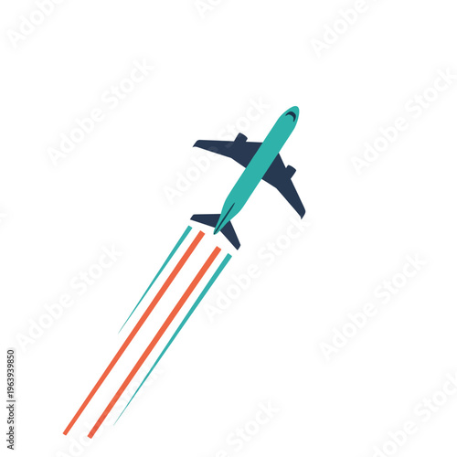 a modern airplane icon in flat design taking off illustrating fast air travel and global journey concepts on a clean white background.