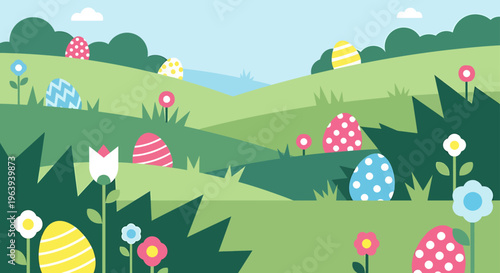modern flat design easter egg hunt illustration showcasing colorful eggs hidden across a vibrant green springtime landscape with flowers.