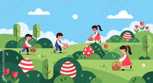 easter egg hunt with happy children in a spring park enjoying a modern flat design holiday celebration