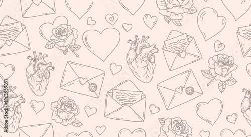 Seamless Pattern with Anatomical Hearts, Roses, and Love Letters