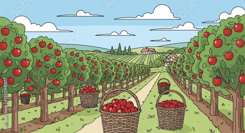 Cartoon Apple Orchard with Baskets of Fresh Red Apples