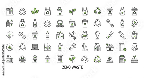 Zero waste icons set for eco friendly lifestyle and sustainable living