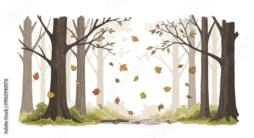 Autumn Forest Landscape with Falling Leaves Illustration