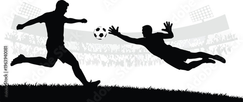 Silhouette of two men playing soccer at sunset on grassy hill