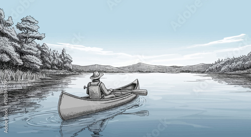 Person Paddling a Canoe on a Calm Lake Digital Illustration