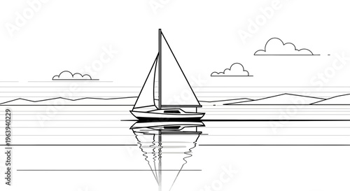 Minimalist Line Art Sailboat Sailing on Calm Water