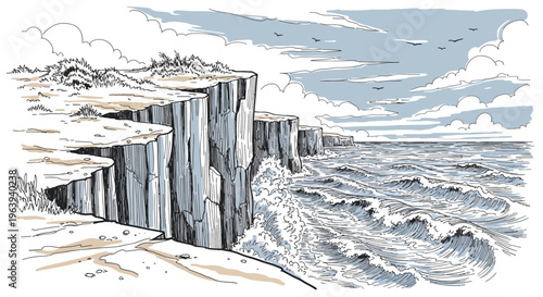 Coastal Cliff Landscape Illustration with Crashing Ocean Waves