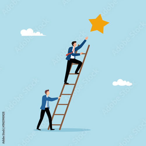 Partner support businessman climbing career ladder and striving to achieve success and gain opportunities. Teamwork of ambitious people achieving progress in professional growth along career ladder