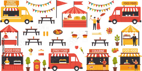 Street Food Festival Illustration Set Featuring Food Trucks, Market Stalls, and Outdoor Dining Scenes