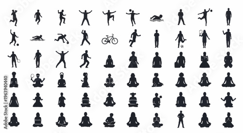 Diverse Silhouettes of People in Various Activities and Meditative Poses.
