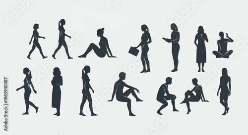 Diverse Silhouettes of People in Various Poses and Activities.