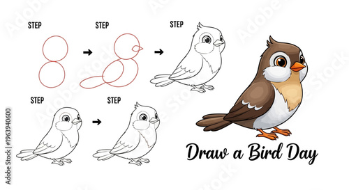 Illustration of a brown bird with step-by-step drawing guide and 'Draw a Bird Day' text on a white background with a creative and artistic mood.