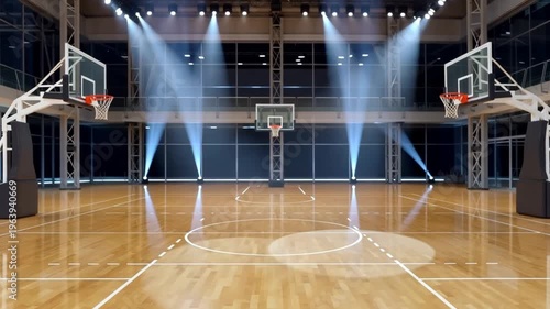 Indoor Basketball Court with Bright Lights.
