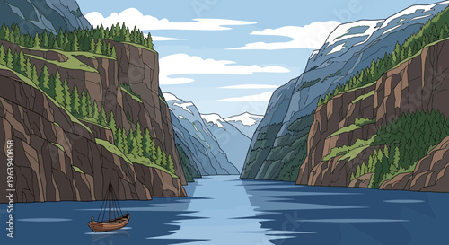 Scenic Norwegian Fjord Landscape with Traditional Viking Ship Illustration