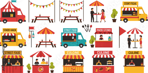 Street Food Festival Illustration Set Featuring Food Trucks, Market Stalls, and Outdoor Dining Scenes