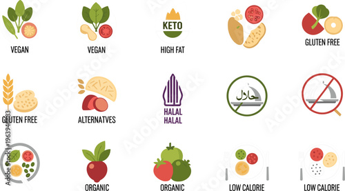Healthy Diet and Food Lifestyle Icons Featuring Vegan, Keto, Gluten Free, and Organic Labels