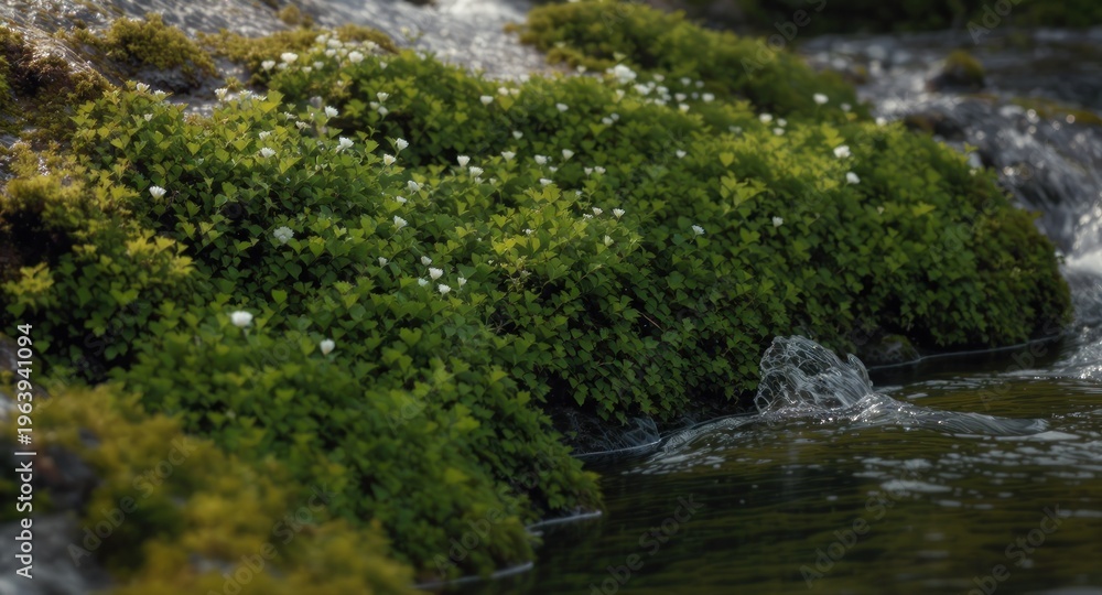 Fototapeta premium Green moss and flowering plants fringe a rocky stream. Sunlight illuminates