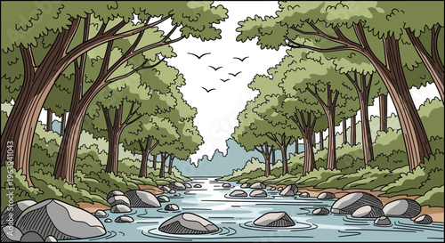 Cartoon Illustration of a Serene Forest Stream with Rocks and Birds