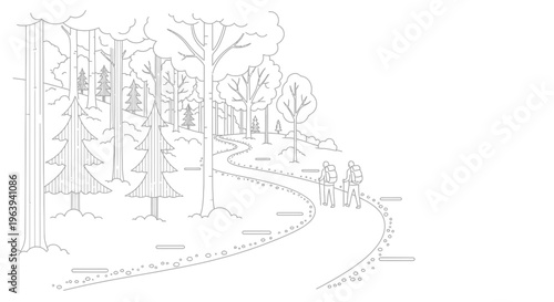 Line Art Illustration of Hikers Walking on a Forest Path