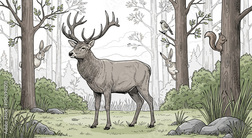 Majestic Stag Standing in a Serene Forest Clearing with Woodland Animals