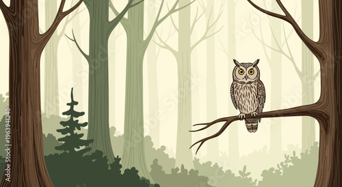 Wise Owl Perched on a Tree Branch in a Misty Forest