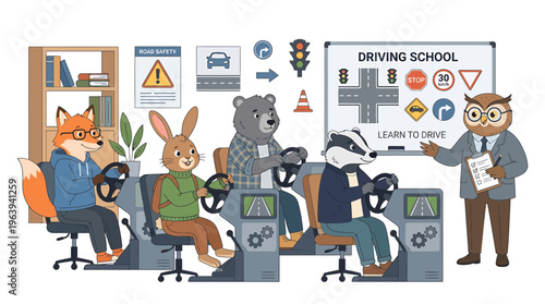 Cute Animals Learning to Drive at Driving School with Owl Instructor