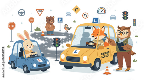 Cute Animals Learning to Drive at Driving School with Instructor