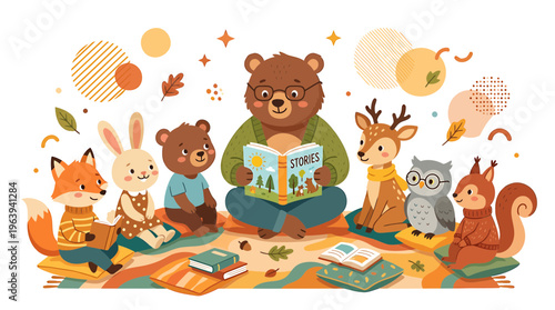 Cute Animals Listening to Story Read by Bear in Cozy Autumn Forest Setting