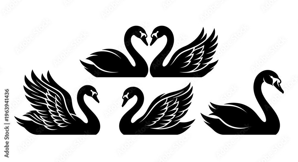 Obraz premium Professional collection of black swan silhouettes in various elegant poses featuring a heart-shaped pair and birds with spread wings isolated on white background for wedding and luxury branding concep