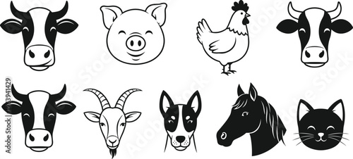 Animal, Livestock, Farm, Silhouette, Icon, Vector, Collection, Agriculture, Nature, Mammal, Graphic, Logo, Domestic, Head, Outline