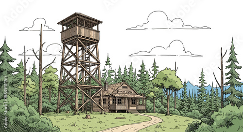 Fire Lookout Tower and Cabin in Forest Landscape Illustration