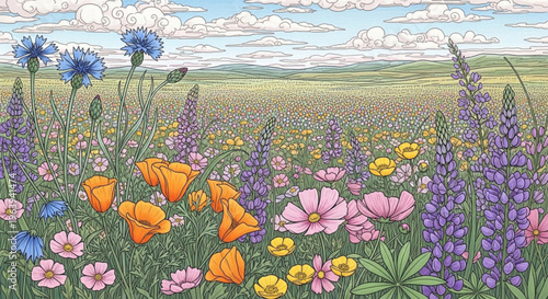 Vibrant wildflowers in a lush green meadow under a partly cloudy blue sky on a sunny day with purple orange pink and yellow blooms