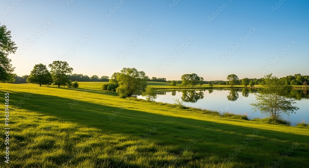 Naklejka premium early morning on the golf course pond geese sunny fog