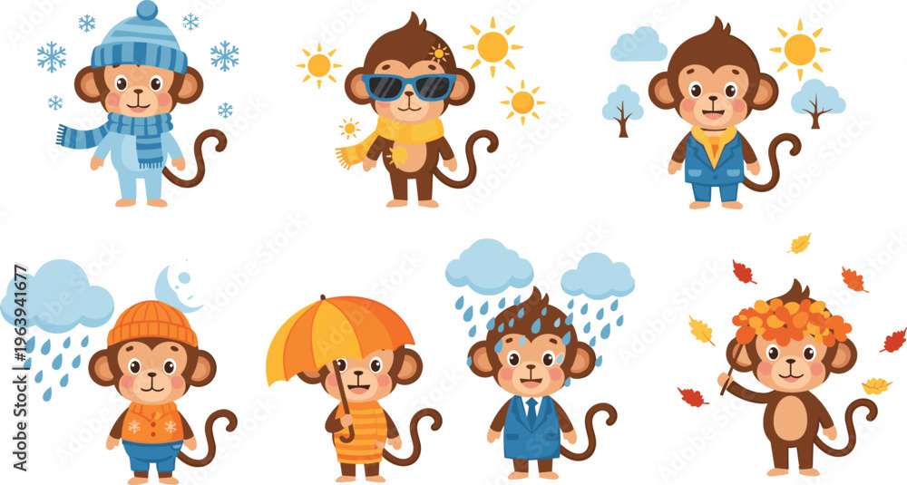 Obraz premium Cute Monkey Cartoon Character Set Showing Different Seasons and Weather Conditions with Winter Summer Rain Autumn Styles for Kids Illustration Vector Collection