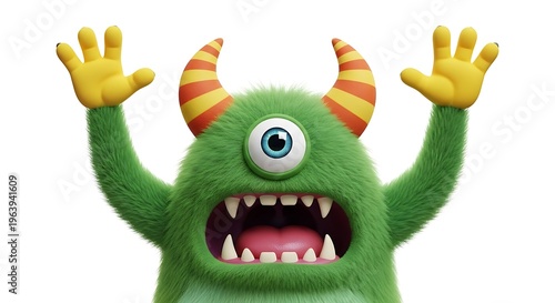 Bright green cartoon monster with yellow hands and red striped horns raising arms cheerfully