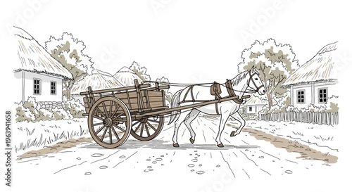 Horse-Drawn Wooden Cart on a Rural Village Road