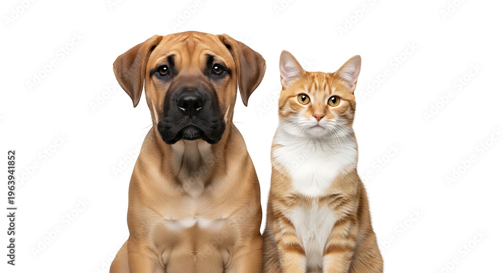 Obraz premium a tan mastiff puppy and an orange tabby cat sit side by side looking at the camera symbolizing pet companionship and friendship.