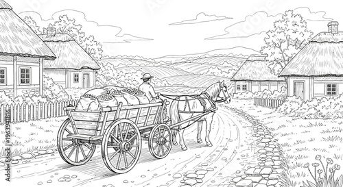 Horse Drawn Cart in Rural Village Sketch