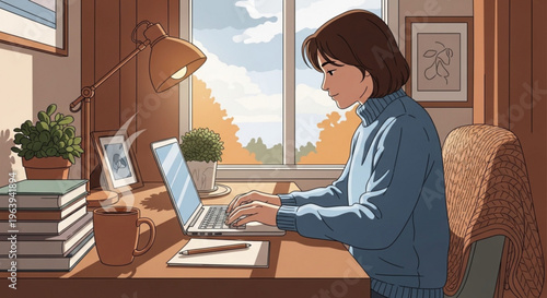 Woman working on laptop at home desk with books and plants sunny window background